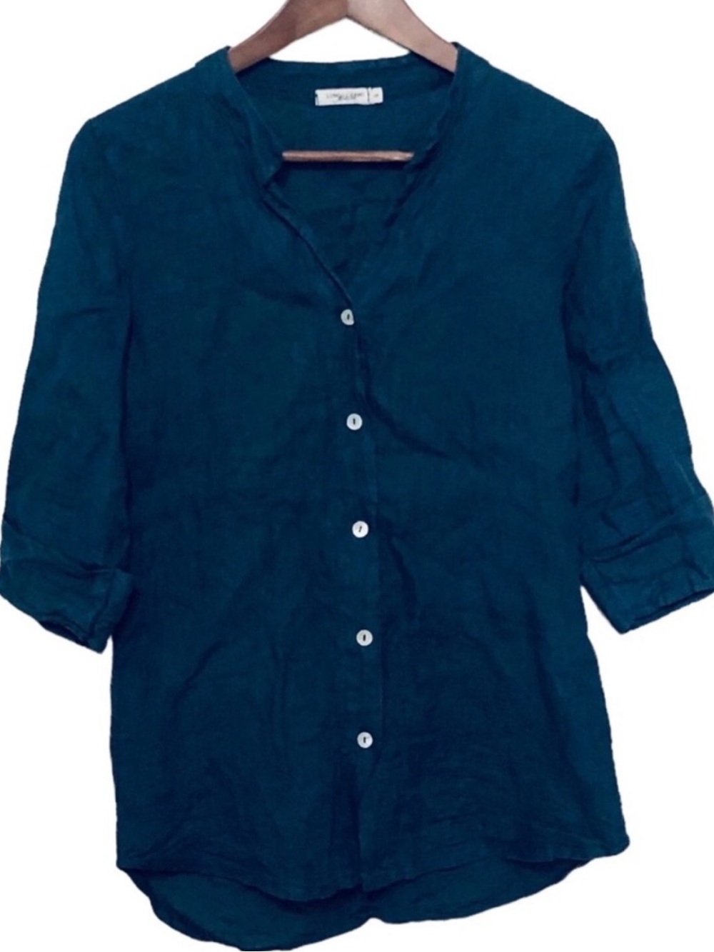 Lungo LArno Shirt Womens Small Navy Blue 100% Linen Made In Italy Button Up Top